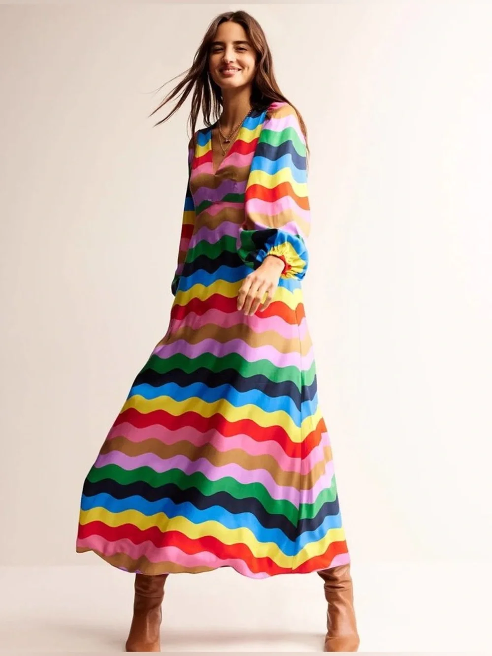 Boden Francis empire long sleeve v neck maxi tea dress rainbow striped 8R nwt